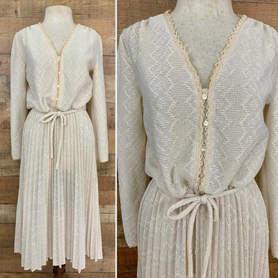 Винтажный 1970-х богемный слоновой кости трикотажа длинным рукавом платье средний вязаный крючком - Изображение 1 из 4