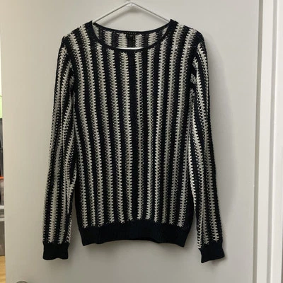 THEORY Suéter Tejido Crochet Blanco Azul Marino Mezcla Lino Talla Grande Foto 1 de 4