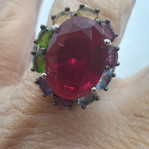 Rubí de plata esterlina con halo de múltiples piedras preciosas firmado BBJ talla 8 - Imagen 1 de 6