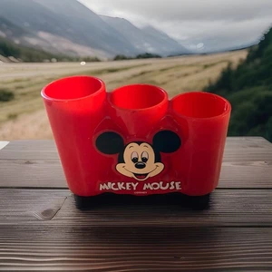Vintage Mickey Mouse Red Pencil Holder 3 Compartments Plastic By Lucky Corp - Picture 1 of 8