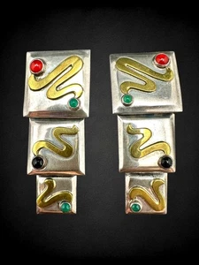 Vintage Taxco Mexico 925 Sterling Silver Ruby Emerald Onyx Modernist Earrings - Picture 1 of 10