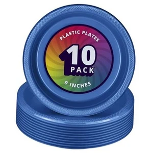 10 Large Plastic Plates, Heavy Duty 9 inch Colored Plastic Dinner Plates, Blue - Picture 1 of 5