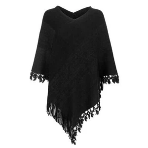 Women Striped Poncho with Tassels Knitted Shawl Scarf Fringed Wrap Sweater Pu... - Picture 1 of 4