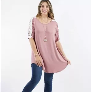 Womens Plus Mauve Crew Neck Shoulder Flower Crochet Tunic SZ 1X - Picture 1 of 1