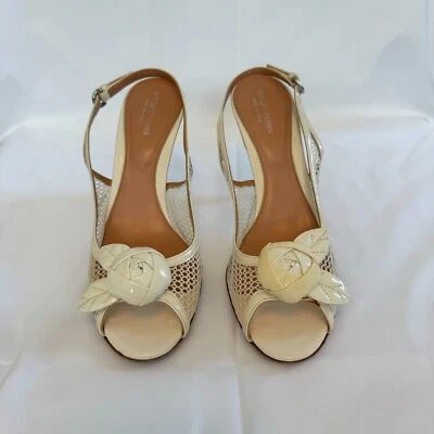 Sergio Rossi Women's Off White Patent Leather Slingback Floral Sandal Size 9 - Image 1 of 4