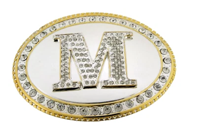 Initial M Letter m Monogram Western Cowboy Men Women Iced Gold Metal Belt Buckle - Image 1 of 4