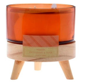 D.W HOME NECTARINE & TEAKWOOD 3 Wick 16.55oz Candle & WOOD PEDISTAL HOLDER New - Picture 1 of 1