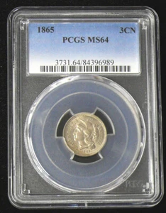 1865 MS-64 THREE CENT NICKEL - NICE DIE CLASH ERROR - UNCIRCULATED BETTER DATE - Picture 1 of 2