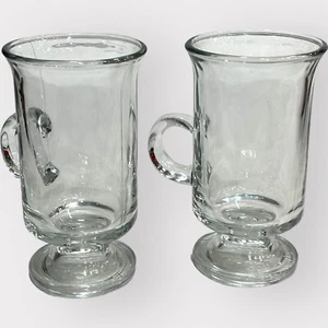 Anchor Hocking Footed Irish Cream Coffee Mugs Clear Glass 5” Vintage Set Of 2 - Picture 1 of 9