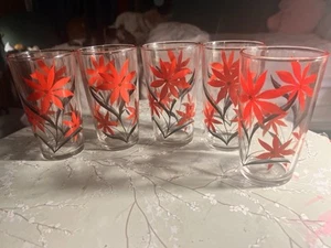 Vintage Hazel Atlas Glass Tumbler Red Flowers 11-1/2 oz. Set Of 5 - Picture 1 of 8