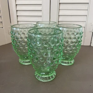 Set of 4 Tiara Green Glass Hobnail Pattern Blue 8 Ounce - Picture 1 of 4