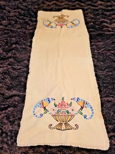 OLD-TABLE RUNNER-DRESSER SCARF-BIRD OF PARADISE FLOWERS-18 X 46-HAND EMBROIDERY - Picture 1 of 6