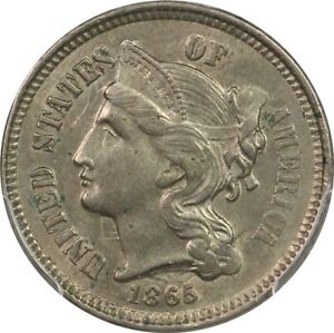 1865 PCGS AU Details Three Cent Nickel - Cool Die Clash! - Start 99c No Reserve!