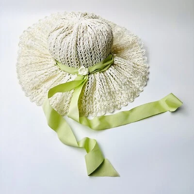 Authentic 1970s Floppy Straw Sun Hat Cream with Green Ribbon Floral Detail - Image 1 of 4