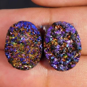 Natural Rainbow Titanium Druzy Pair 15.45Ct Oval Cabochon Reiki Healing Gemstone - Picture 1 of 3