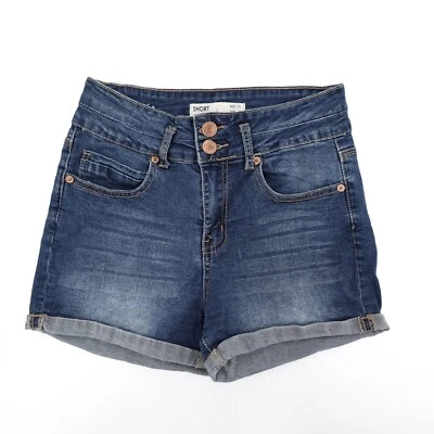 Pantalones cortos de algodón para mujer 6 azules denim con puños botones tiro medio madre Foto 1 de 4