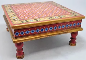 Hand Crafted Hard Wood Square Floor Stool Bajot Fine Hand Painted - Picture 1 of 6