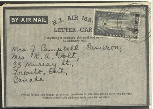 New Zealand to Canada George VI 1/- Peace Formua Air Letter 1946 - Picture 1 of 1