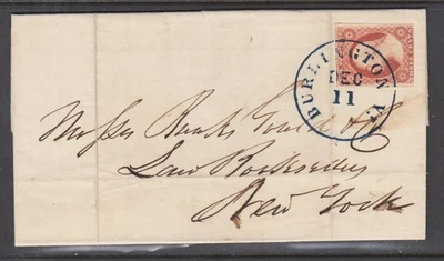 US Sc 11 on 1855 SFL, 31mm dark blue BURLINGTON, VT cds ties 3c imperf, to NYC - Image 1 of 3