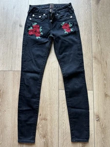 True Religion Black Super Skinny Rose Embroidered Jeans Womens SZ 26x28 - Picture 1 of 5
