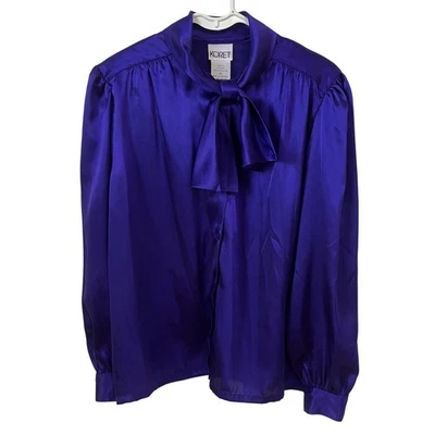 Blusa vintage Koret para mujer talla 10 púrpura cuello lazo manga larga abotonada Foto 1 de 4