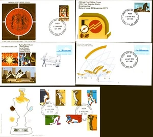 Austra;ia FDC x5 1973-1974 Radio, Sports, Opera x2, Justice  Unaddressed - Picture 1 of 1