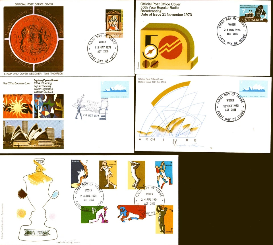 Austra;ia FDC x5 1973-1974 Radio, Sports, Opera x2, Justice  Unaddressed - Image 1 of 1