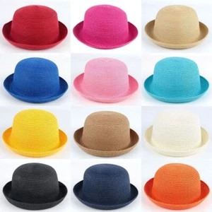 Women Ladies Straw Bowler Derby Hat Cap Roll up Clothe Summer Beach Sun Cap - Picture 1 of 24