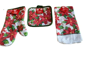 Christmas House 4Pc Kitchen Set Oven Mitten Pot Holder Towel Poinsetta new - Picture 1 of 7