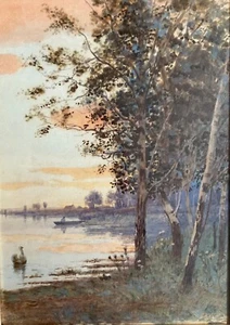 W.H. SIMPSON 1912 LISTED ARTIST SILVER BIRCHES AT SUNSET ART NOUVEAU WATERCOLOUR - Picture 1 of 11