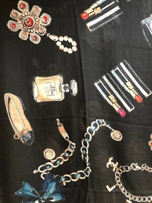 Chanel Vintage Cashmere Black Multicolor CC LOGO SYMBOLS STOLE Scarf Wrap XL - Image 1 of 4