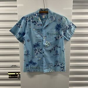 Vintage Styled By RJC Mens Hawaiian Shirt Blue Beach Print Button Up Cotton USA