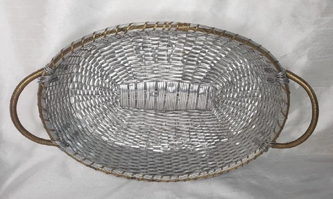 Vintage Woven Oval Silver Metal Tray Serving Basket Aluminum Brass W/ Handles Cover