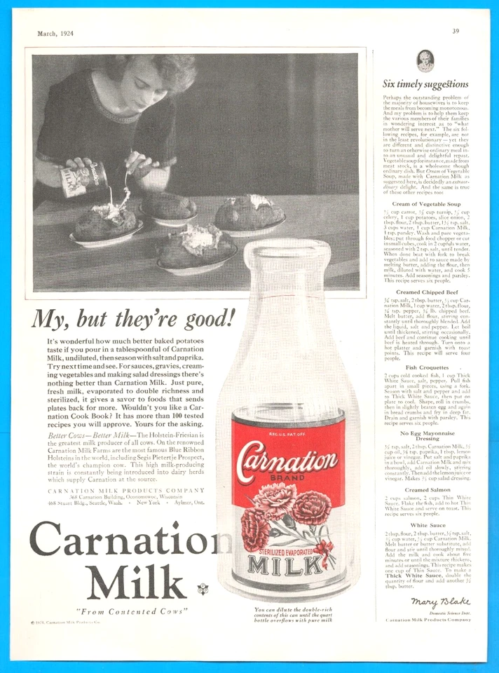 Botella de leche Carnation 1924 antigua IMPRESIÓN ANUNCIO evaporado libro de recetas oferta Foto 1 de 1