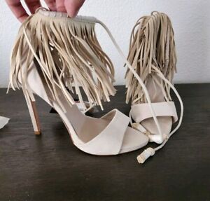 ZARA BASIC Collection Ivory Leather Suede Fringed Shoes Stilettos 40/SZ9💕
