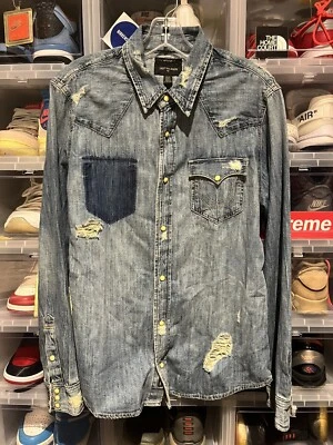 True Religion Ryan Ghost Pocket Denim Western Pearl Snap Shirt M Aftermath - Image 1 of 4