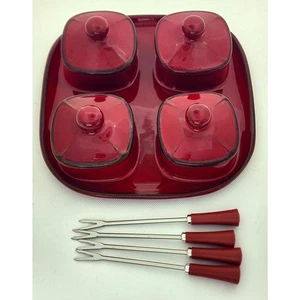 CONDIMENT-POTTERY BARN-4 Sections-Matching Forks-Burgundy/Red-Square Server - Picture 1 of 13