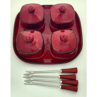CONDIMENT-POTTERY BARN-4 Sections-Matching Forks-Burgundy/Red-Square Server - Image 1 of 4