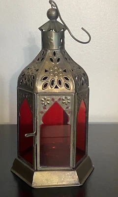 Vintage Moroccan Style Brass Lantern Red Glass Tea Light Candle Holder Unused - Image 1 of 4