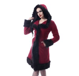 Poizen Industries Red Black Faux Fur Long Coat Goth Rockabilly Pin Up Vintage S