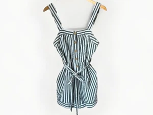 Cartonnier Green & White Striped Shorts Romper - Picture 1 of 6