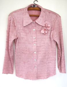 SANDRA STEINER Womens Pink Shirt Size S Button Up Crinkled Fabric Flower Detail 