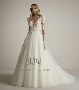 Spitze Brautkleid Hochzeitskleid Langarm Träger 32-60 Maßgeschneidert - Bild 1 von 9