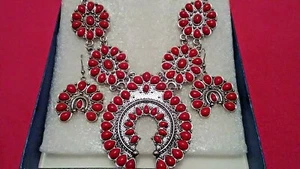 Southwest Design Red Howlite Silver Tone Earrings and Necklace 22" - Picture 1 of 10