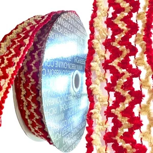 Vintage Chenille Band verdrahtet rot beige 1,5" x 20 Yards Handwerk Kranz Blumenkunst - Bild 1 von 6
