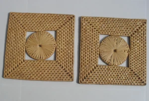 2 Vintage Square Woven Table Place Mats Natural Rattan 20cm/8" Trivets - Picture 1 of 9