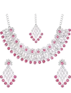 Pink Rhinestone Silver Plated Bridal Wear Wedding Jewelry Choker Necklace Set - Picture 1 of 3