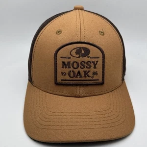 Mossy Oak Hat Ball Cap 1986 Camo Logo American Flag Snapback Mesh Brown Tan GR63 - Picture 1 of 5
