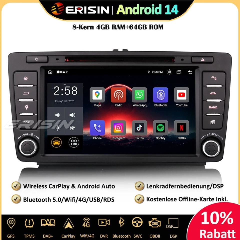 DAB+Android 14.0 Autoradio GPS 64GB Für Skoda Octavia Yeti Superb Roomster Rapid - Bild 1 von 4