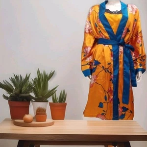 Kimono Style Sexy Gown With Robe, Orange Sunset Blooms, Size 3X, Gift, Not Worn. - Picture 1 of 7